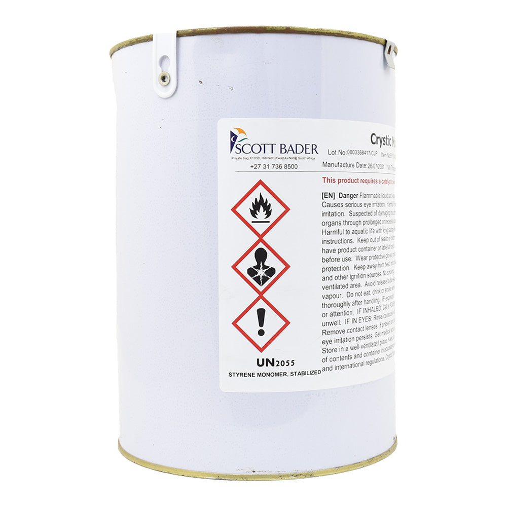 Scott Bader Crystic styrene monomer stabilized 4kg white metal tin with GHS hazard warning labels and UN2055 classification