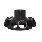 Black plastic multi-port pipe manifold collector body with central top inlet and multiple circular side outlets arranged in a ring