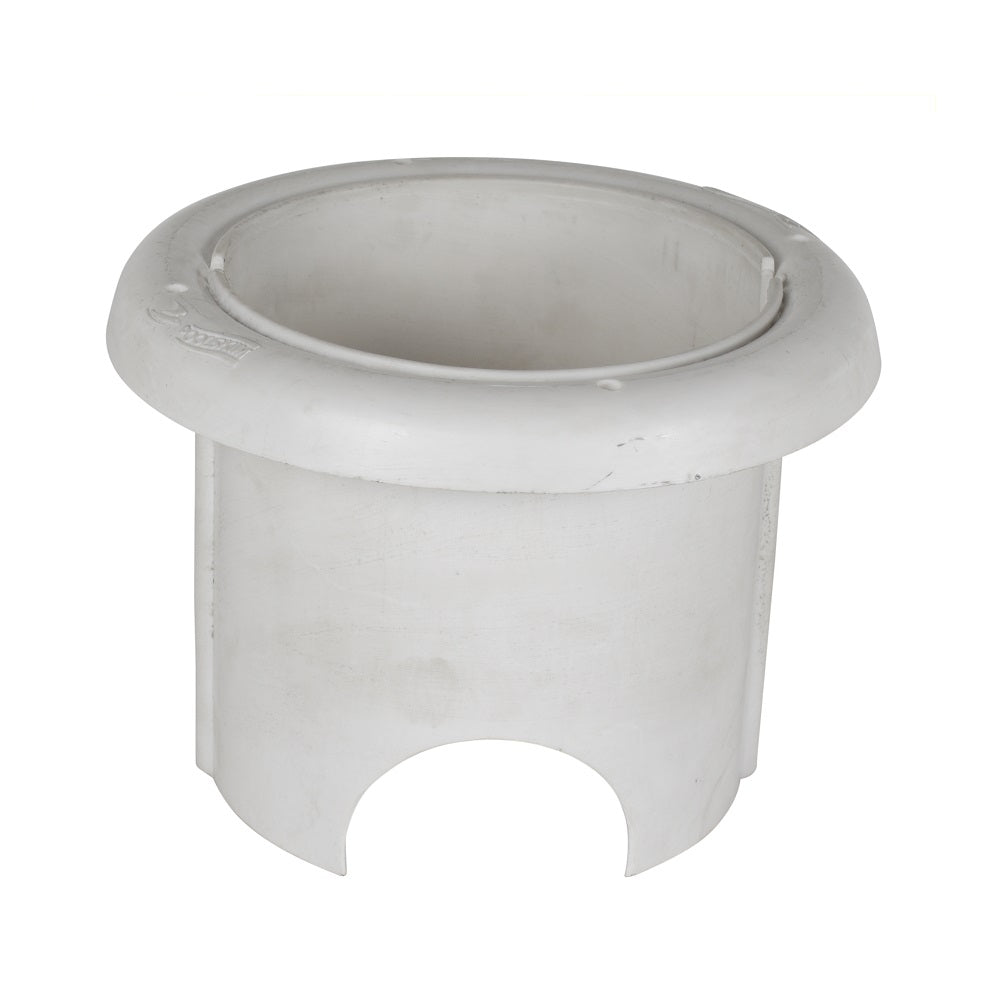 White plastic Poolskim Hat Cut Down skimmer insert with rolled rim, cylindrical body and arched cut-out base opening