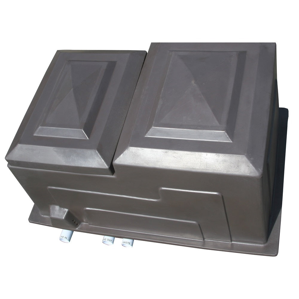 Grey plastic Aqua Pro Pump Combi Housing by Aqua Pro Box, twin-lid design with labelled inlet, outlet and waste ports on base