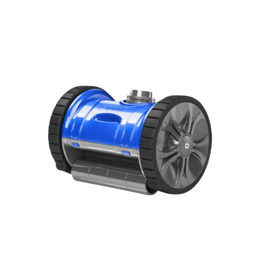 Kreepy Krauly Dominator Pro robotic pool cleaner in blue with large black rubber drive wheels and grey turbine hubs