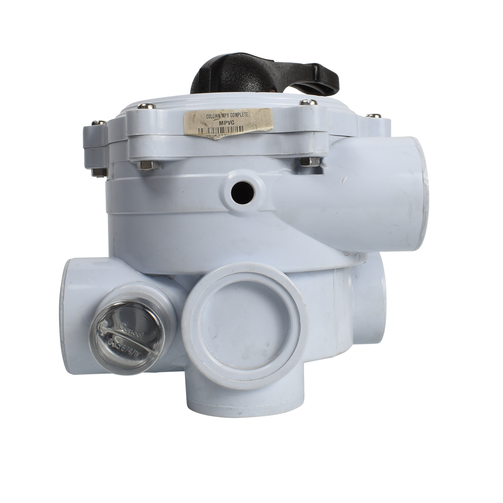 Grey PVC multiport valve with black handle, multiple pipe ports and sight glass, for pool sand filter systems
