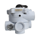 Grey PVC multiport valve with black handle, multiple pipe ports and sight glass, for pool sand filter systems