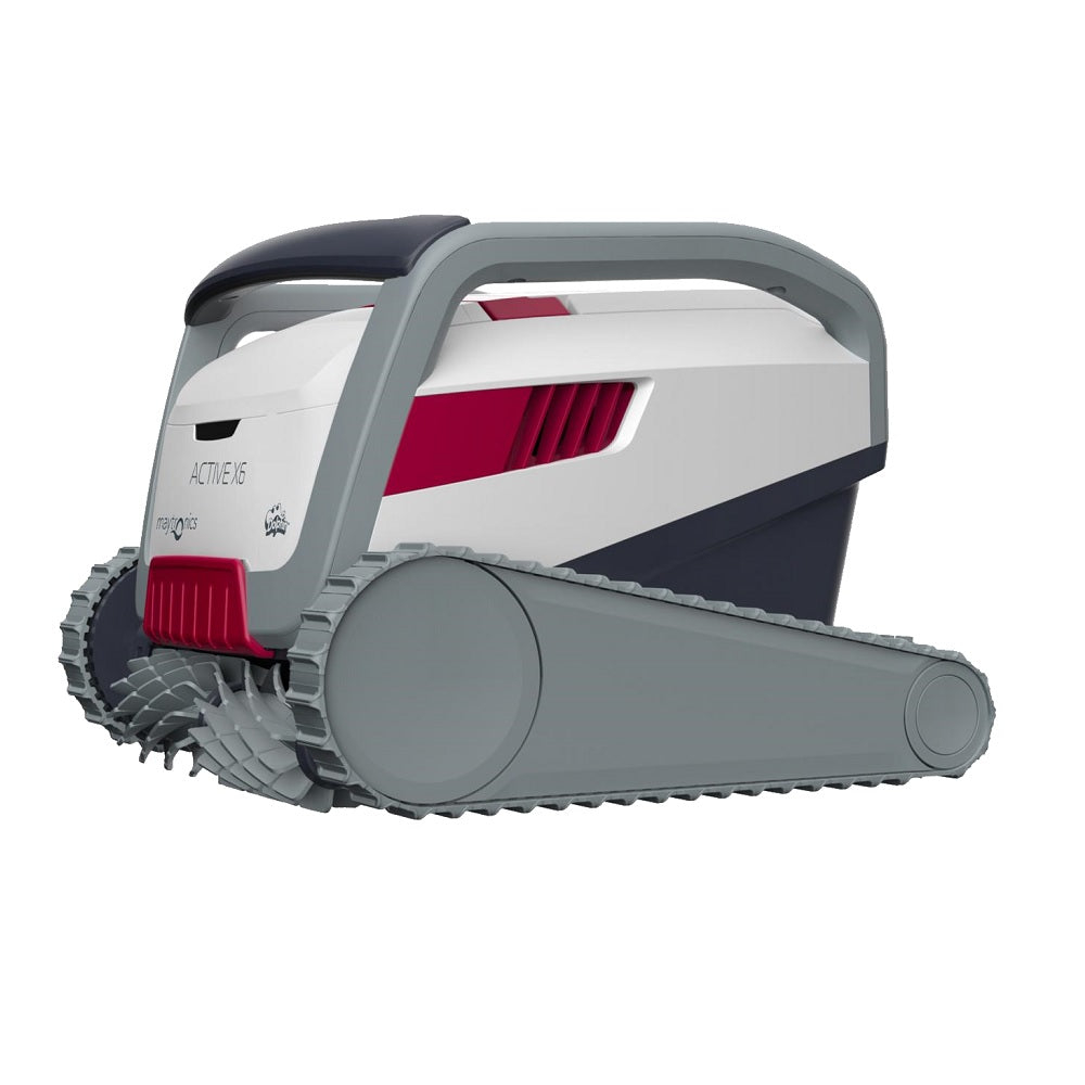 Dolphin Active X6 robotic pool cleaner in white, grey and red with dual rubber tracks and carry handle