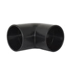 Black PVC 90-degree elbow pipe fitting with two open 50mm circular ends on white background