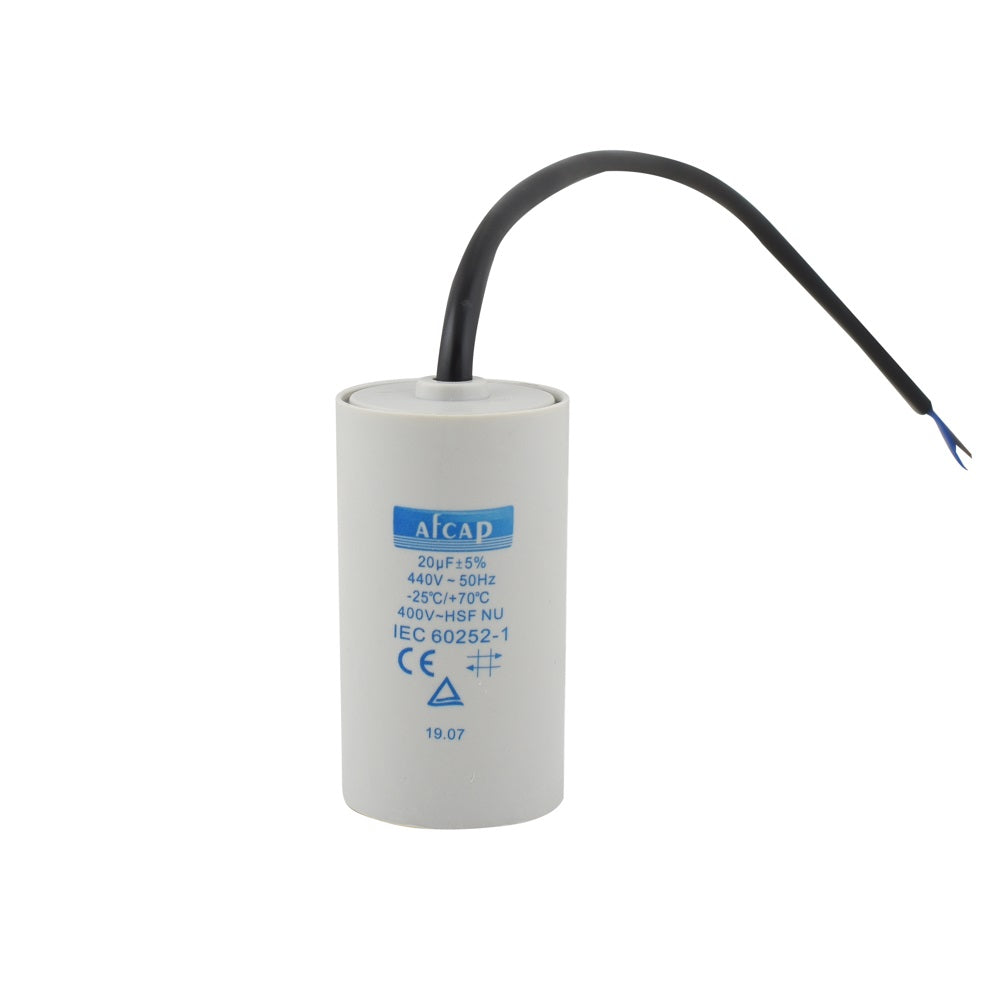 AFCAP 20µF 440V motor run capacitor white cylindrical body with black twin-core lead wire IEC 60252-1 rated