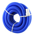 Aqua Pro Vac Hose 15m coiled in blue ribbed flexible tubing with a white cuff fitting, on white background