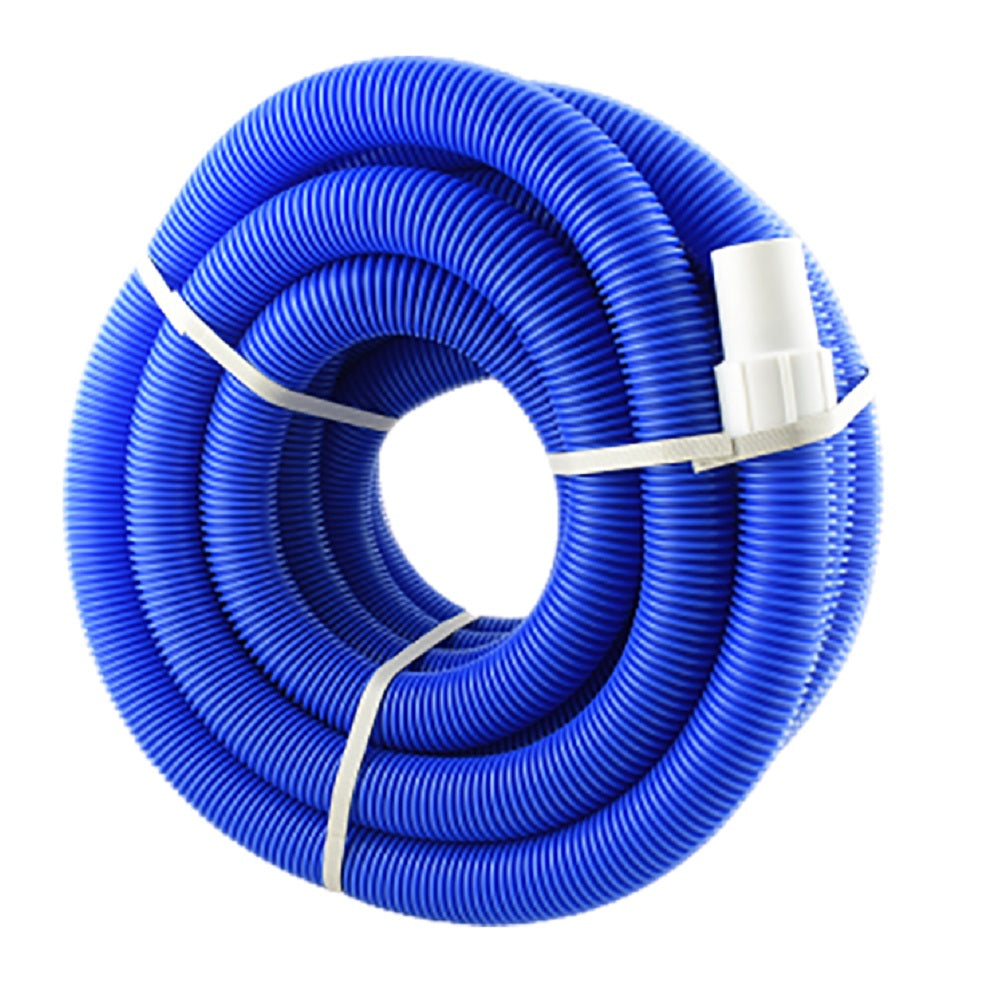 Aqua Pro Vac Hose 15m coiled in blue ribbed flexible tubing with a white cuff fitting, on white background