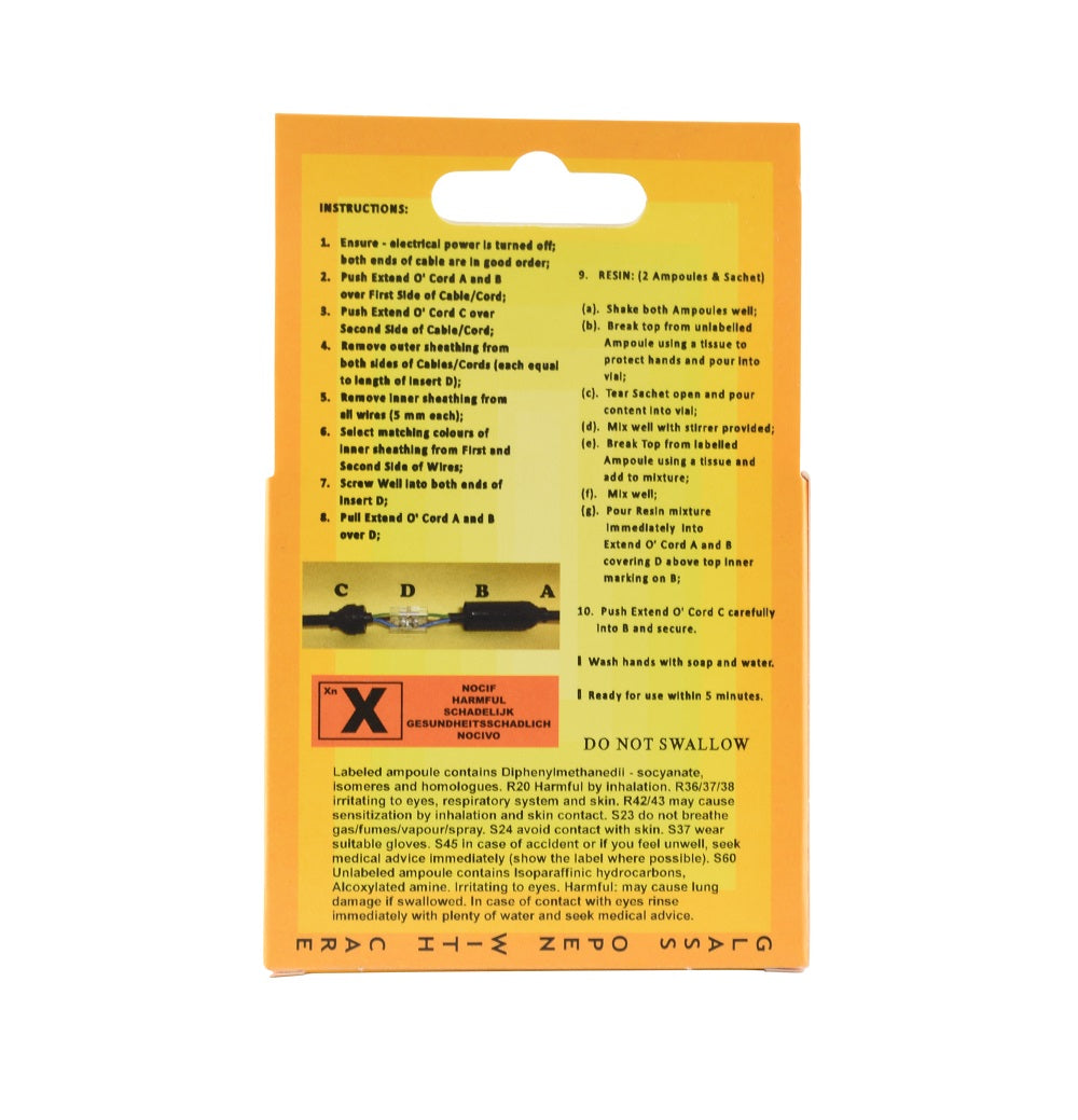 Extend O Cord Mini Resin Cable Joint back packaging in orange showing numbered instructions, hazard warning symbol, and cable diagram