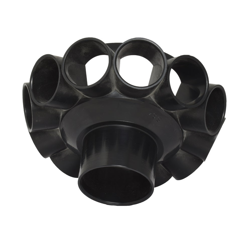 Black plastic multi-port filter finger collector body with multiple circular pipe openings arranged in a dome shape