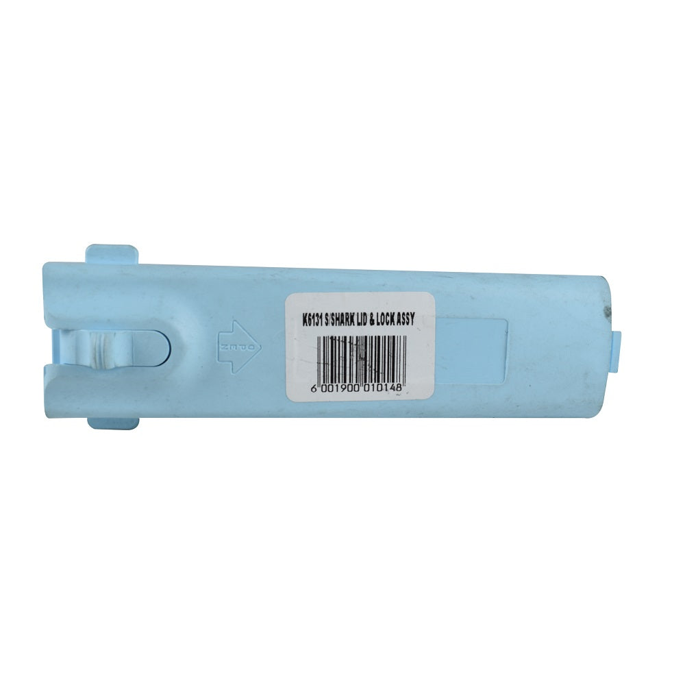 Light blue plastic oscillator lid and lock assembly for Kreepy Krauly Sand Shark pool cleaner with barcode label