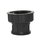 Black plastic pump half union fitting with ribbed gripping collar, stepped body, and flat circular base flange