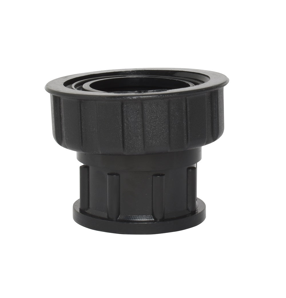 Black plastic pump half union fitting with ribbed gripping collar, stepped body, and flat circular base flange