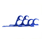 Blue plastic pool pole hanger clips with curved hook and circular bracket, set of four on mounting rail
