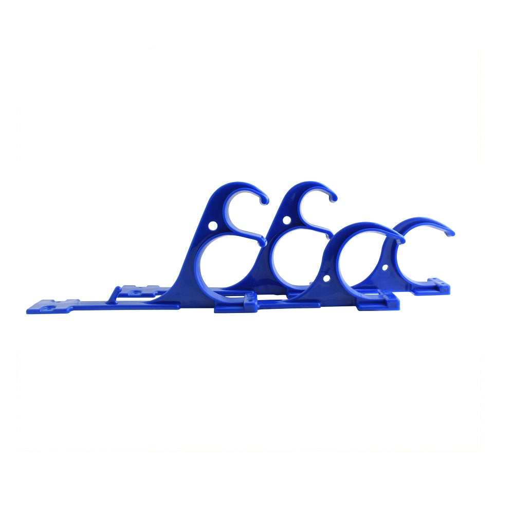 Blue plastic pool pole hanger clips with curved hook and circular bracket, set of four on mounting rail
