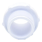 White PVC tank fitting with coarse external threads and smooth socket opening, angled top view showing hollow interior