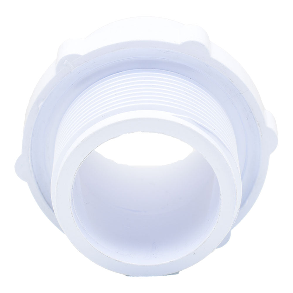 White PVC tank fitting with coarse external threads and smooth socket opening, angled top view showing hollow interior