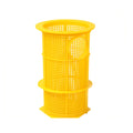 Yellow plastic pool pump strainer basket with cylindrical mesh body, circular handle, and hexagonal base