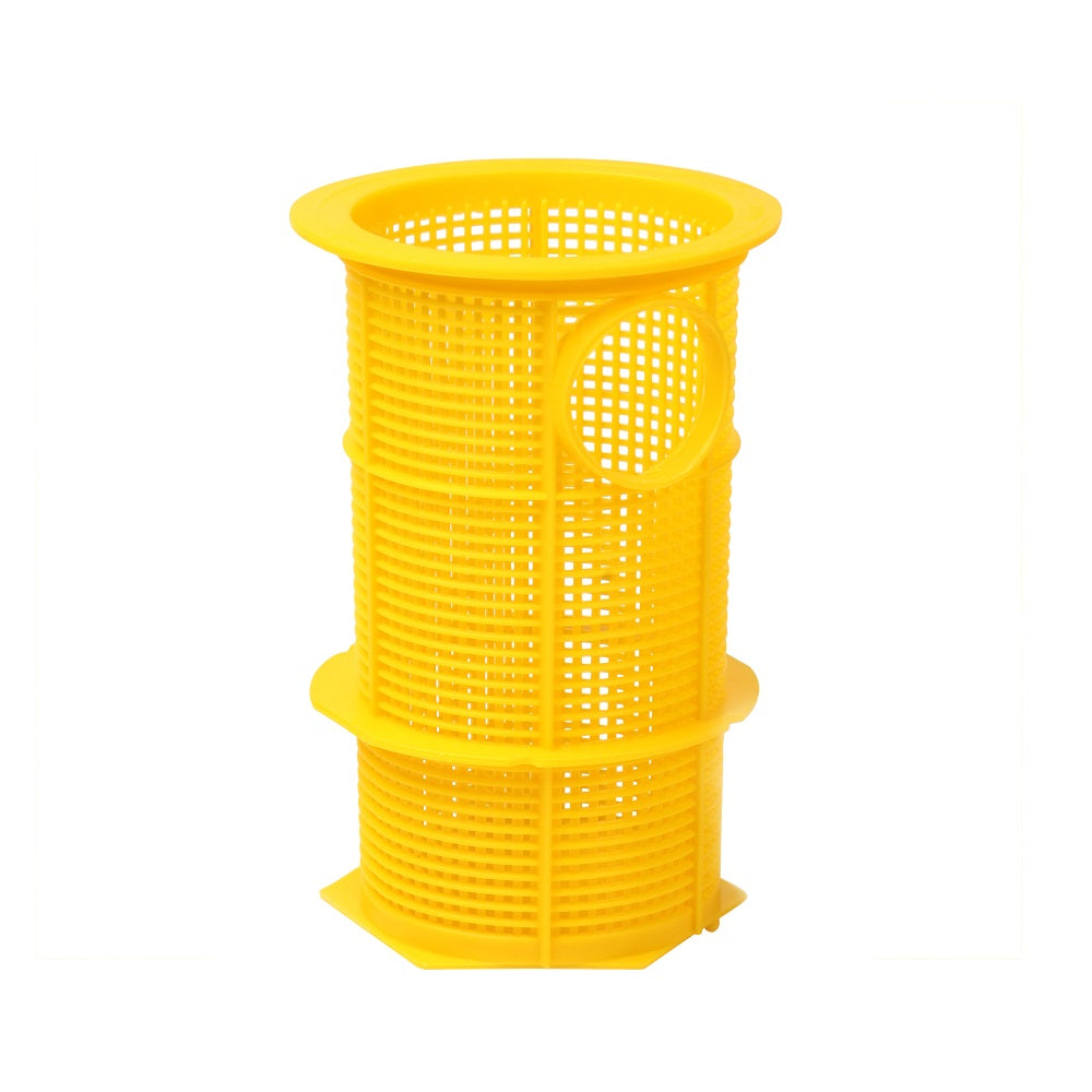 Yellow plastic pool pump strainer basket with cylindrical mesh body, circular handle, and hexagonal base