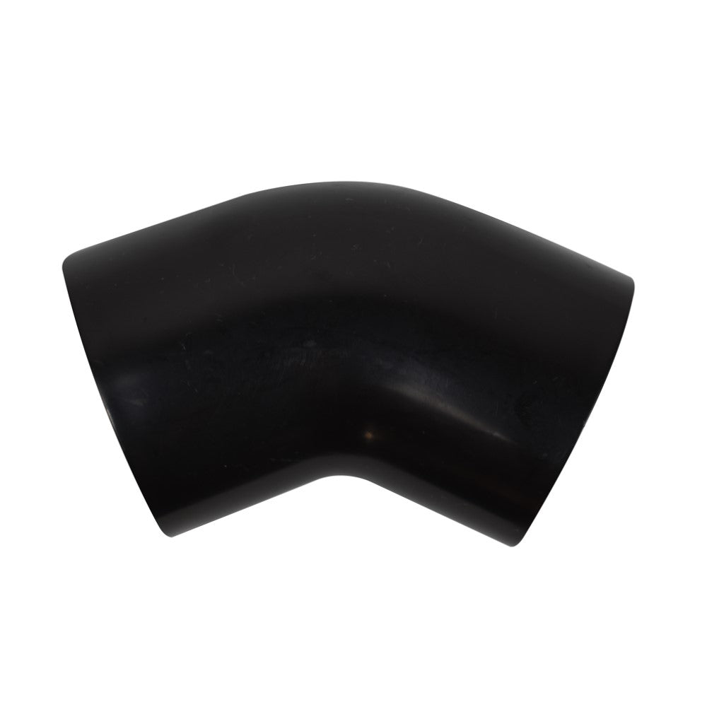 Black PVC 45-degree elbow pipe fitting, 50mm, smooth matte finish with curved bend and open ends