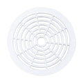 Round white plastic bottom drain grid with concentric circle and spoke pattern design, wide flat outer rim border
