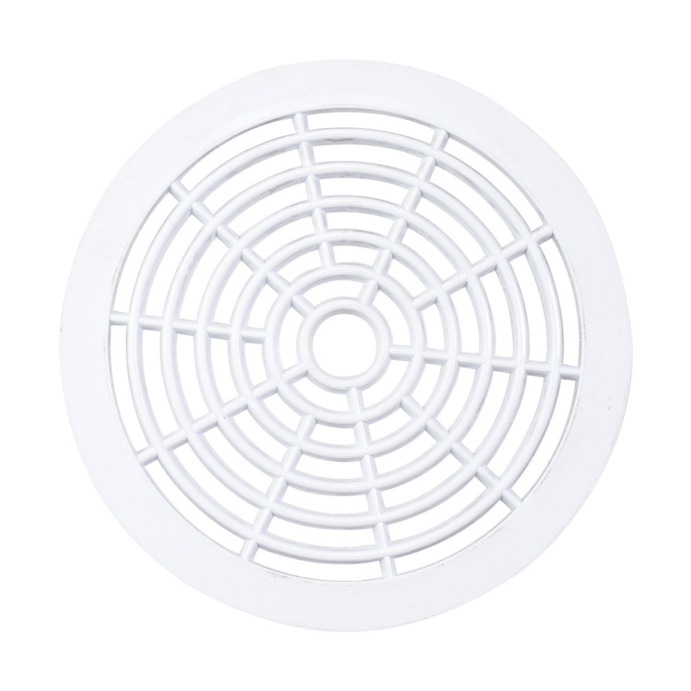 Round white plastic bottom drain grid with concentric circle and spoke pattern design, wide flat outer rim border