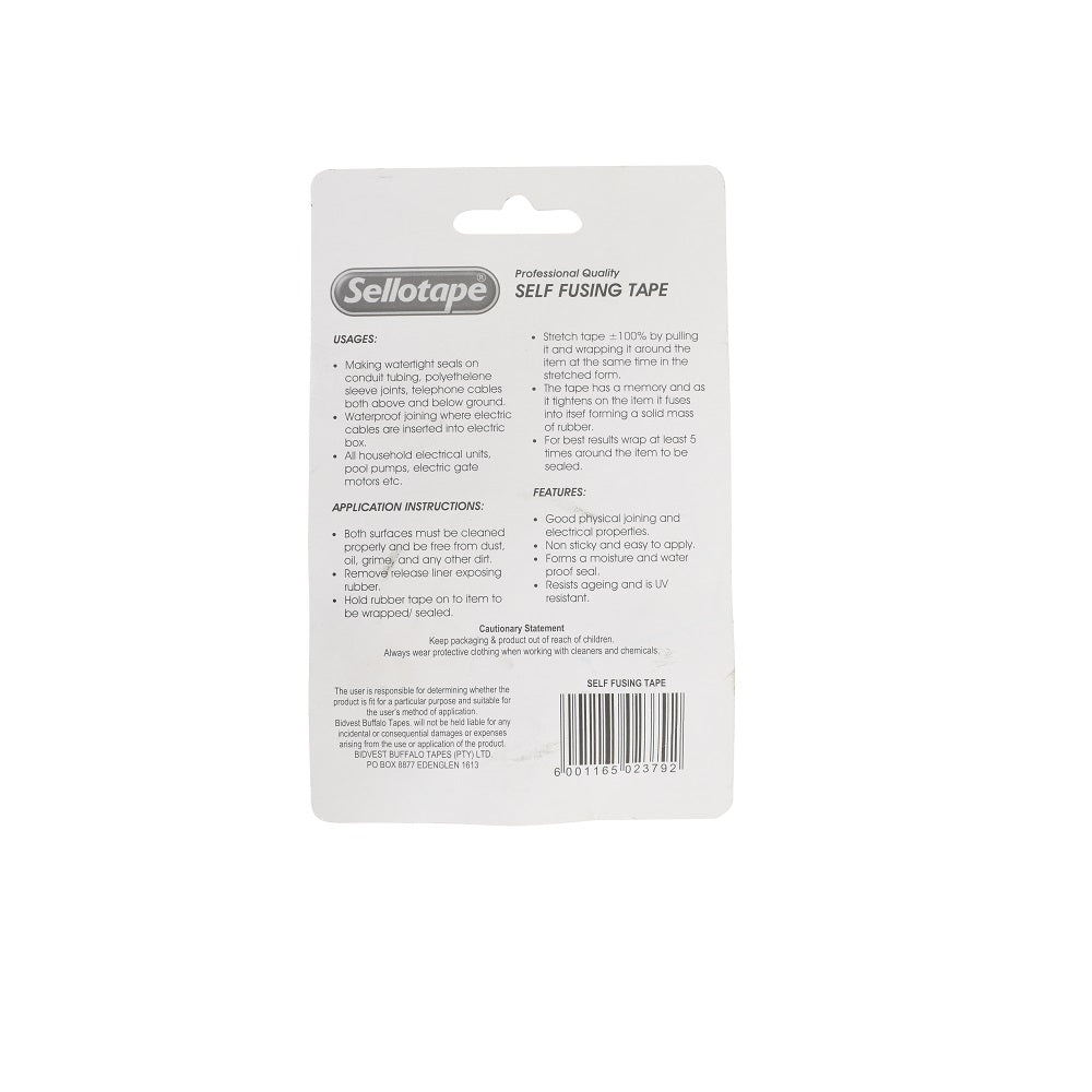 Back of Sellotape Self Fusing Tape packaging showing usage instructions, application guide, and barcode on white card backing