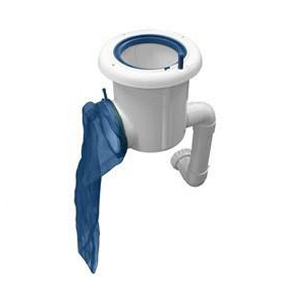 White pool skimmer leaf catcher with blue mesh debris bag and side pipe fitting attachment