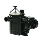 Black pool pump and motor unit with clear strainer lid, black T-handle lid clamp, inlet port and ribbed electric motor housing