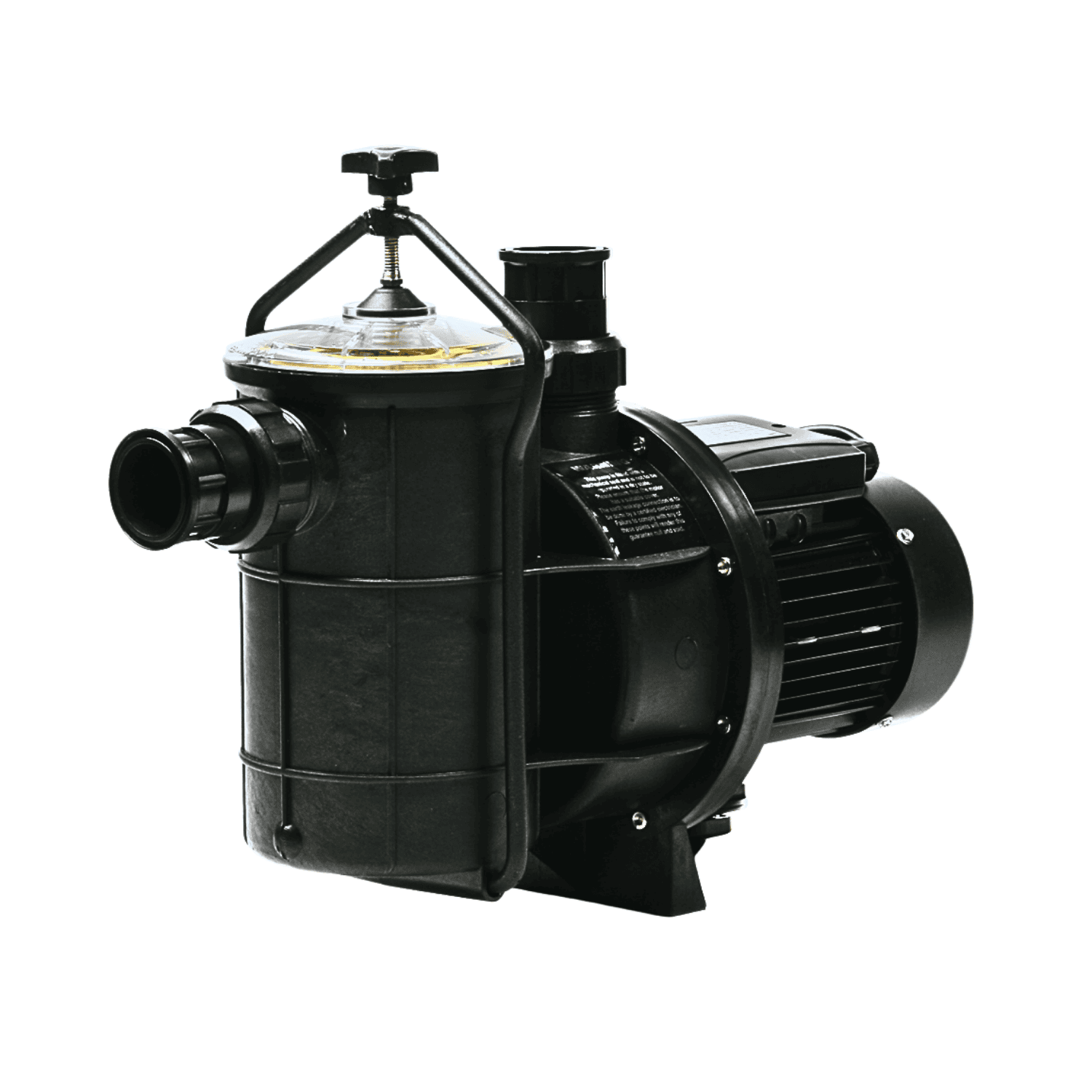 Black pool pump and motor unit with clear strainer lid, black T-handle lid clamp, inlet port and ribbed electric motor housing