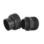 Black plastic 40mm union pipe fitting with ribbed locking collar and male threaded connector, two-piece assembly