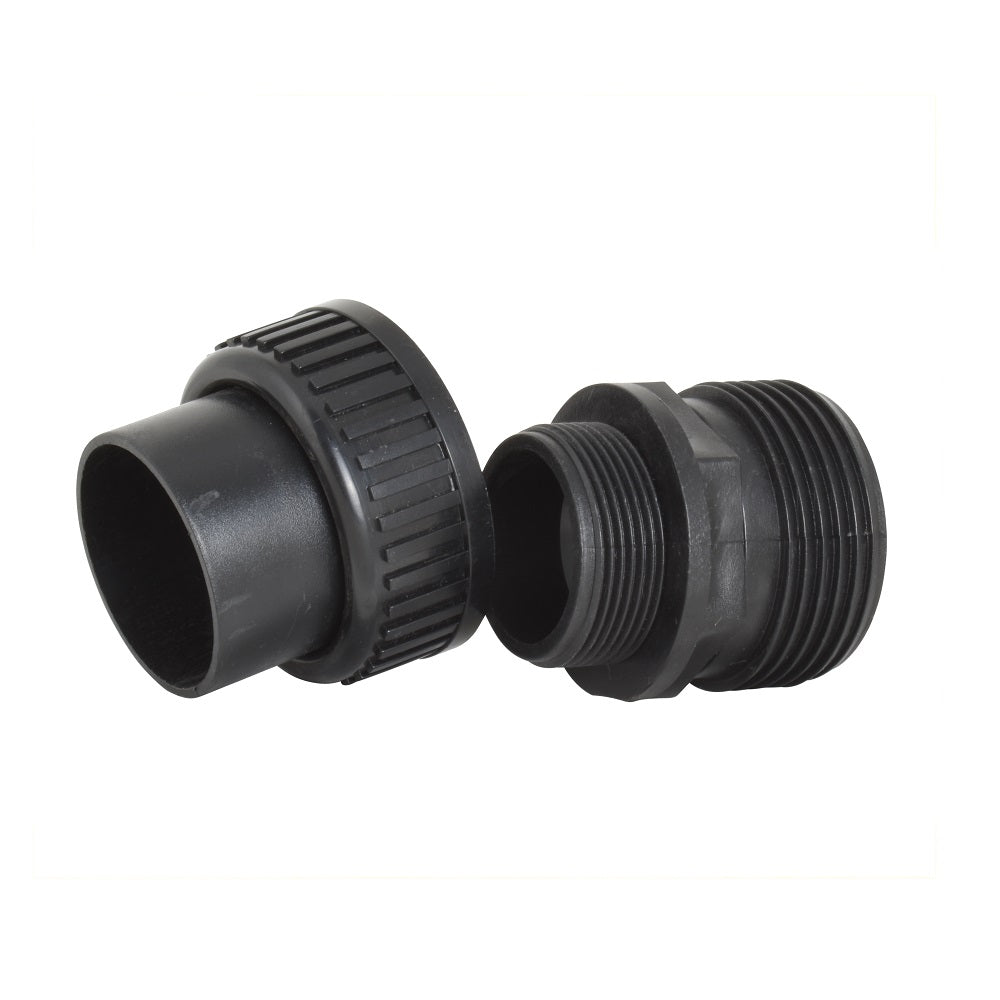 Black plastic 40mm union pipe fitting with ribbed locking collar and male threaded connector, two-piece assembly