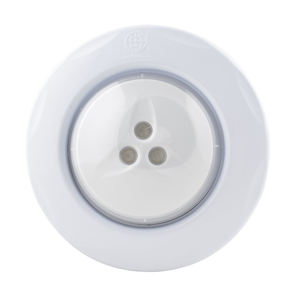 Round white Eartheco LED Clear 160 Retro Fit Light by EQ, showing three LED bulbs behind a clear lens cover