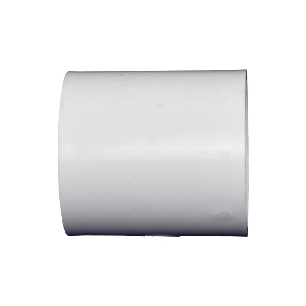 White PVC straight coupling connector fitting 50mm diameter, short cylindrical sleeve with smooth finish and open ends