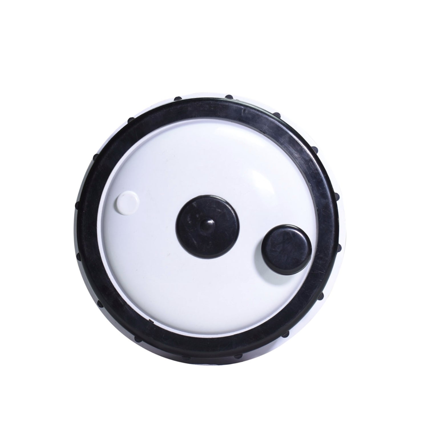 White plastic spa cartridge filter lid with black rubber seal, two black bung plugs and serrated locking ring