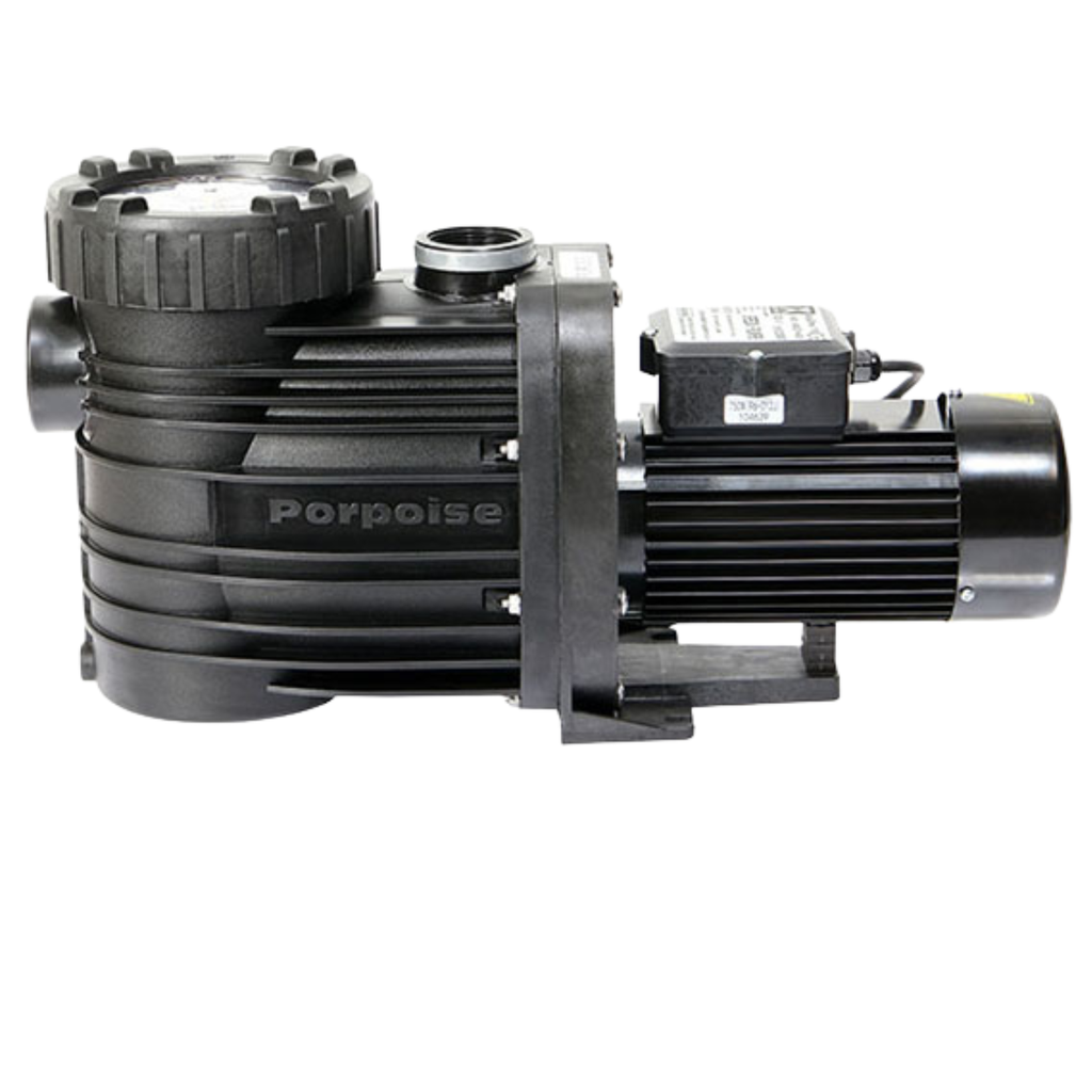 Speck Porpoise 1.1kW pool pump and motor in matte black, showing ribbed motor housing, strainer lid, and inlet ports