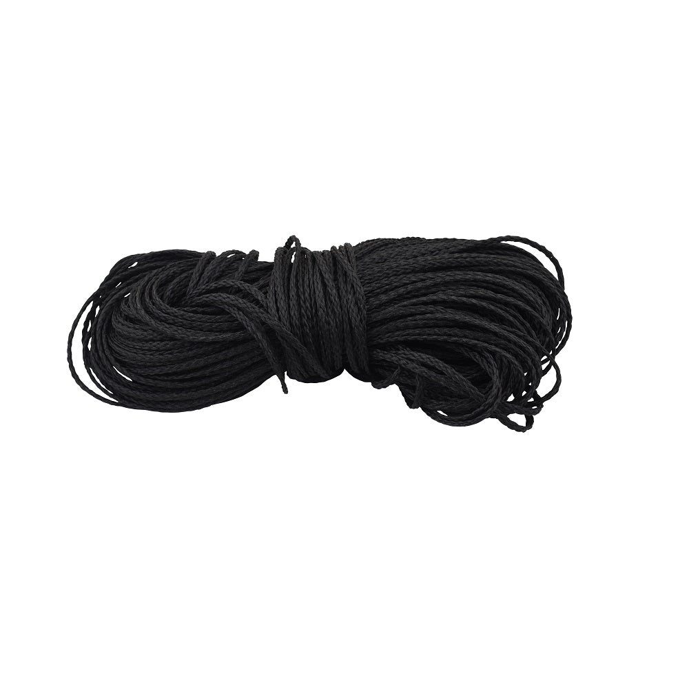 Coiled black braided ski rope by Sun Command, sold per meter, shown loose on white background