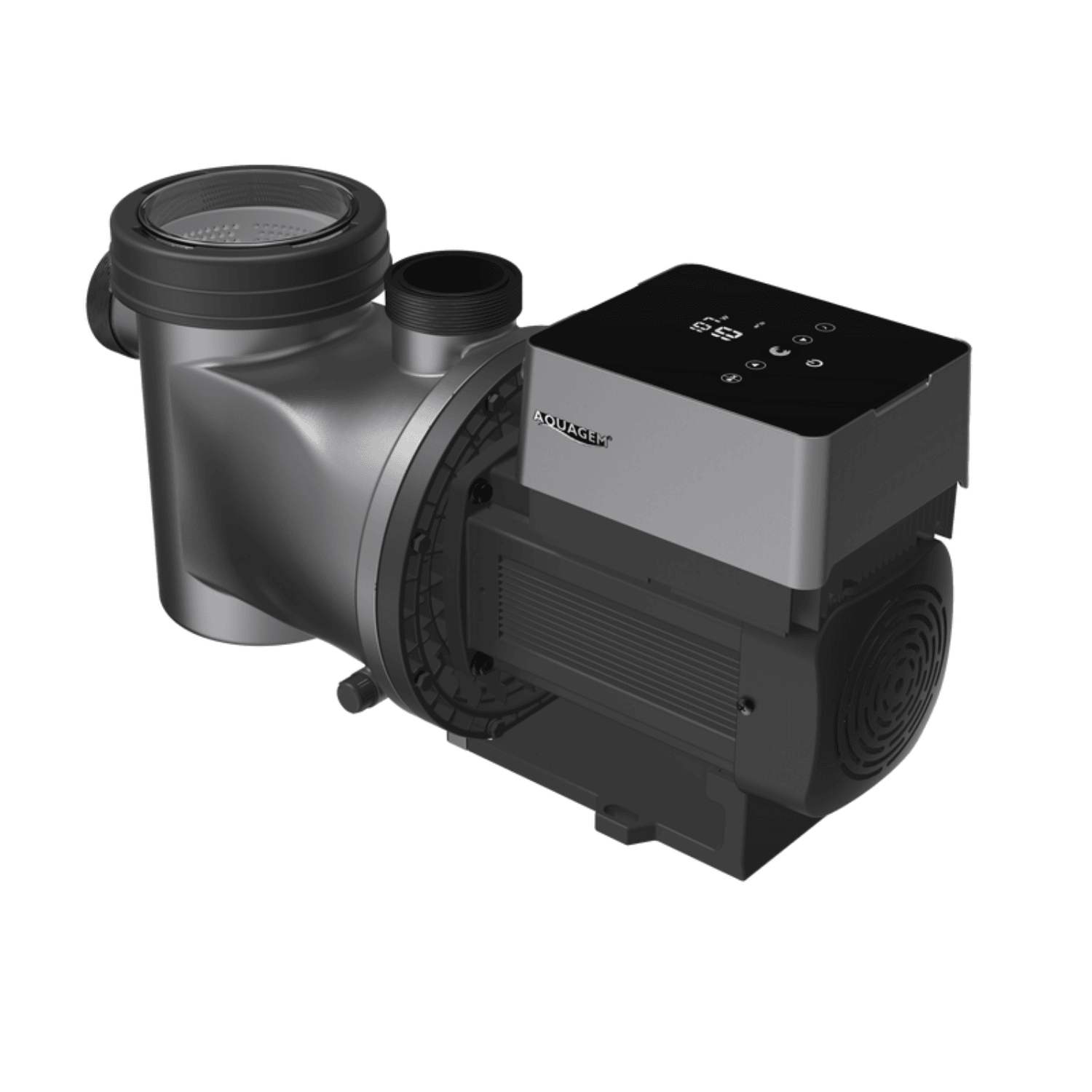 Aquagem InverCaptain WiFi Pool Pump in silver and black with transparent strainer lid and touchpad control panel