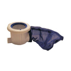 Pool skimmer body in white plastic with blue rubber seal ring and attached navy blue mesh debris collection bag