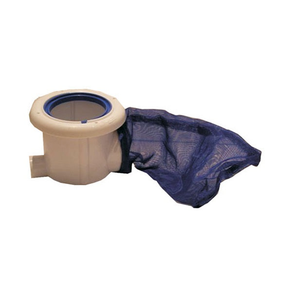 Pool skimmer body in white plastic with blue rubber seal ring and attached navy blue mesh debris collection bag