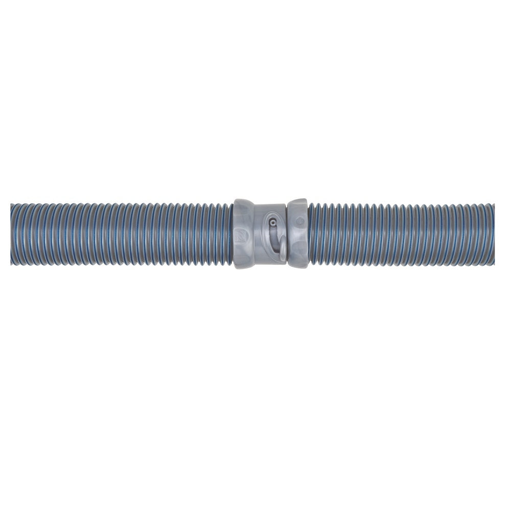 Blue and grey ribbed pool cleaner hose with central twist-lock connector fitting, flexible corrugated design