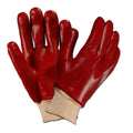 Red PVC-coated work gloves with beige knitted wrist cuff, smooth finish, full coverage, sold as a pair