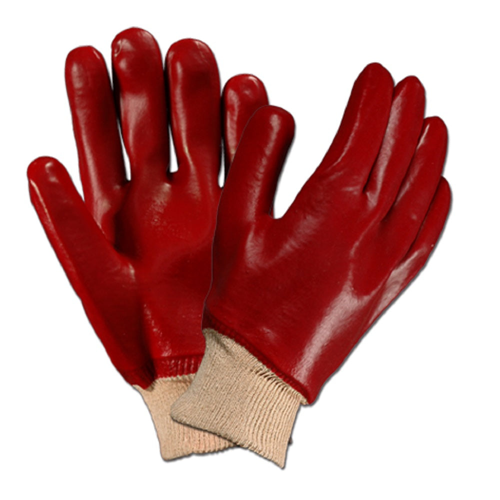 Red PVC-coated work gloves with beige knitted wrist cuff, smooth finish, full coverage, sold as a pair