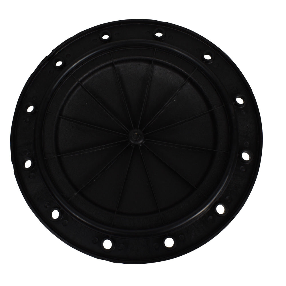 Black plastic round filter lid with radial spoke pattern, bolt holes around outer flange, fits Speck Aquaswim 610 pool filter pump top view