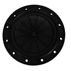 Black plastic round filter lid with radial spoke pattern, bolt holes around outer flange, fits Speck Aquaswim 610 pool filter pump top view