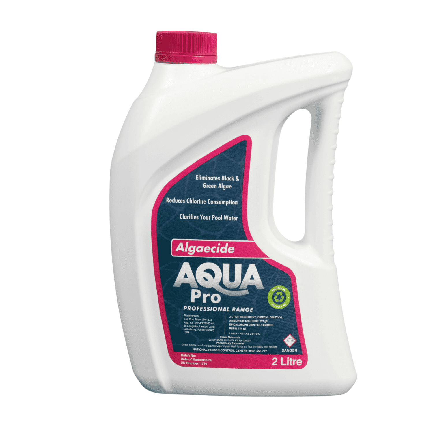 Aqua Pro Algaecide 2 litre white plastic jerry can with pink cap and navy pink label, professional pool chemical range