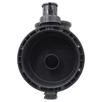 Black plastic pool pump body with large circular open face, central outlet port, ribbed flange rim and top threaded inlet fitting