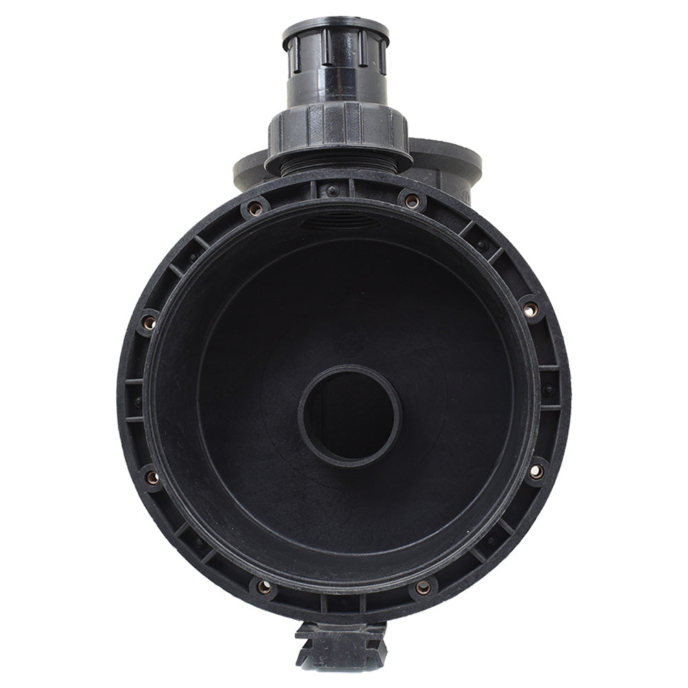 Black plastic pool pump body with large circular open face, central outlet port, ribbed flange rim and top threaded inlet fitting