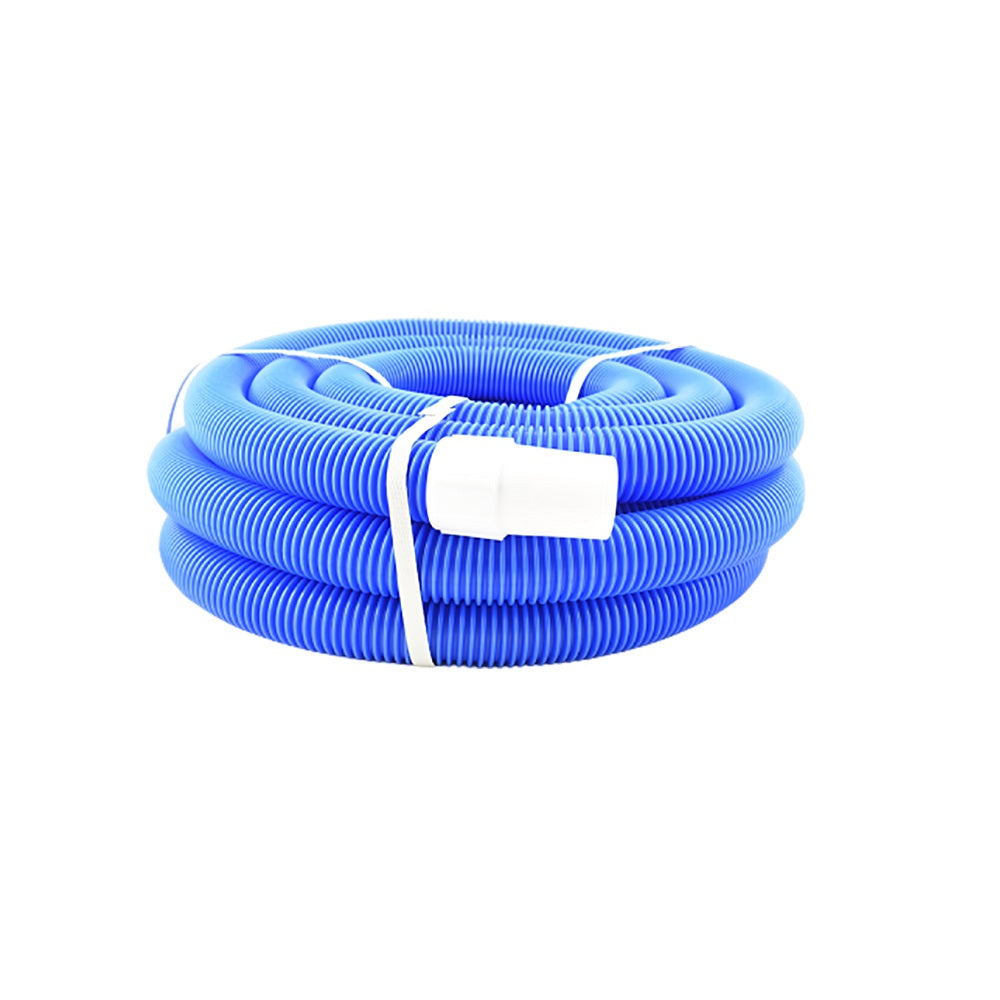 Blue ribbed Aqua Pro Vac Hose 9m coiled and secured with white ties, featuring a white cuff connector, on white background