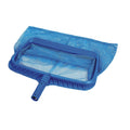 Blue plastic pool leaf skimmer net with deep mesh bag, rectangular frame, and pole-attachment handle